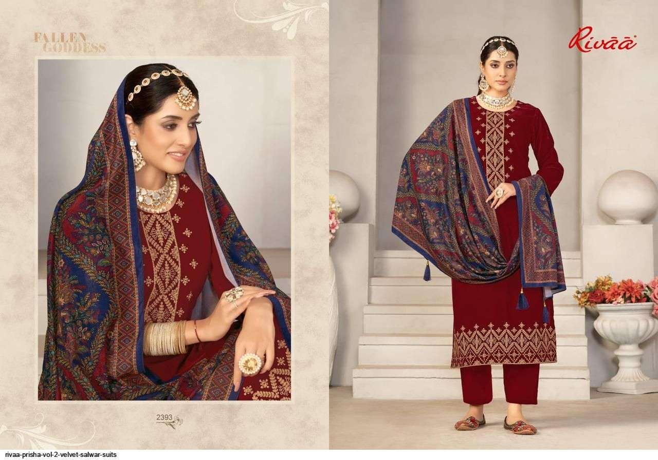 PRISHA VOL-2 BY RIVAA 2393 TO 2399 SERIES FESTIVE SUITS BEAUTIFUL FANCY COLORFUL STYLISH PARTY WEAR & OCCASIONAL WEAR VELVET EMBROIDERY DRESSES AT WHOLESALE PRICE