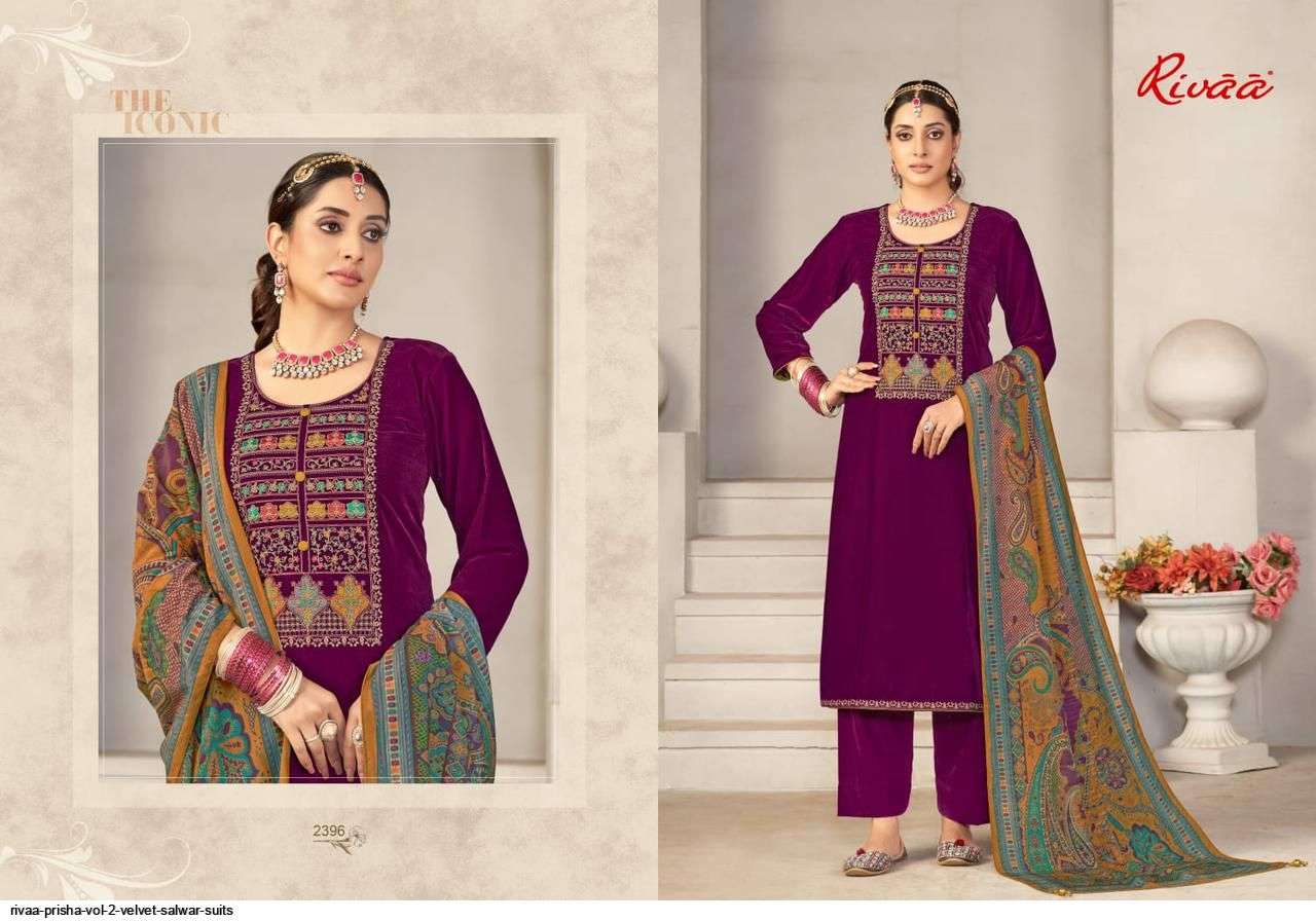 PRISHA VOL-2 BY RIVAA 2393 TO 2399 SERIES FESTIVE SUITS BEAUTIFUL FANCY COLORFUL STYLISH PARTY WEAR & OCCASIONAL WEAR VELVET EMBROIDERY DRESSES AT WHOLESALE PRICE
