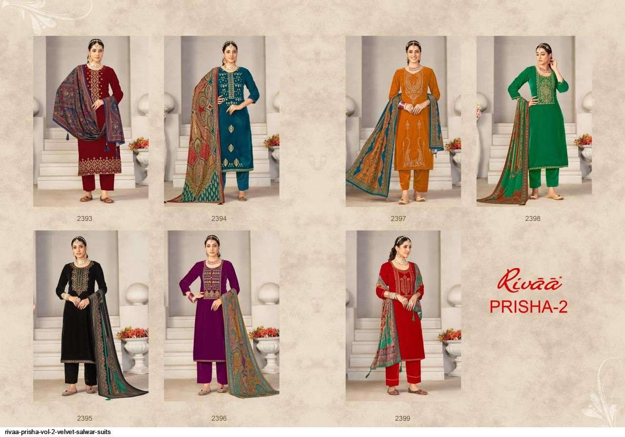 PRISHA VOL-2 BY RIVAA 2393 TO 2399 SERIES FESTIVE SUITS BEAUTIFUL FANCY COLORFUL STYLISH PARTY WEAR & OCCASIONAL WEAR VELVET EMBROIDERY DRESSES AT WHOLESALE PRICE