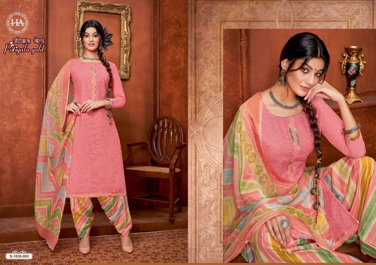 PATIYALA GOLD BY HARSHIT FASHION HUB 1038-001 TO 1038-008 SERIES BEAUTIFUL SUITS COLORFUL STYLISH FANCY CASUAL WEAR & ETHNIC WEAR PURE COTTON PRINT DRESSES AT WHOLESALE PRICE