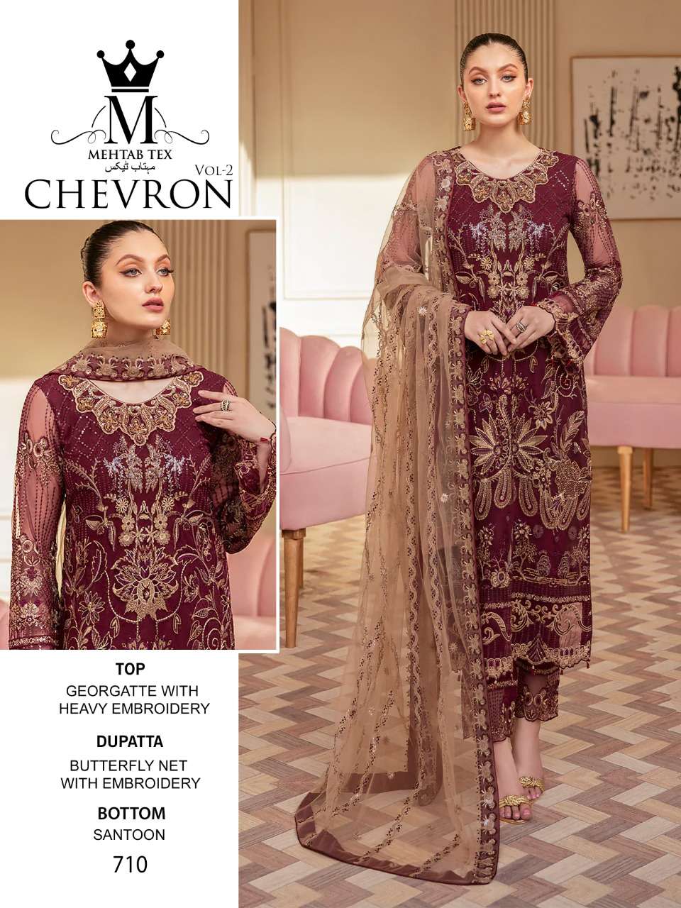 Chevron Vol-2 By Mehtab Tex 710 To 712 Series Designer Pakistani Suits Beautiful Fancy Colorful Stylish Party Wear & Occasional Wear Georgette Embroidered Dresses At Wholesale Price