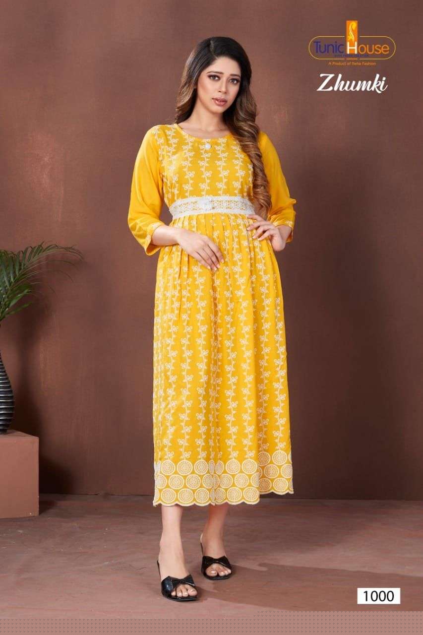 ZHUMKI BY TUNIC HOUSE 1000 TO 1012 SERIES STYLISH FANCY BEAUTIFUL COLORFUL CASUAL WEAR & ETHNIC WEAR HEAVY VISCOSE RAYON WITH WORK GOWNS AT WHOLESALE PRICE