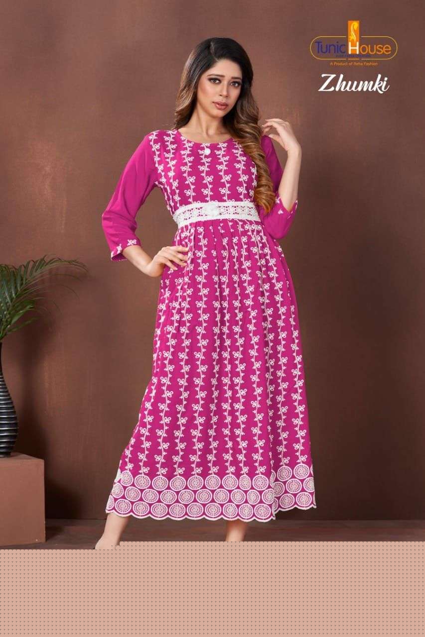 ZHUMKI BY TUNIC HOUSE 1000 TO 1012 SERIES STYLISH FANCY BEAUTIFUL COLORFUL CASUAL WEAR & ETHNIC WEAR HEAVY VISCOSE RAYON WITH WORK GOWNS AT WHOLESALE PRICE