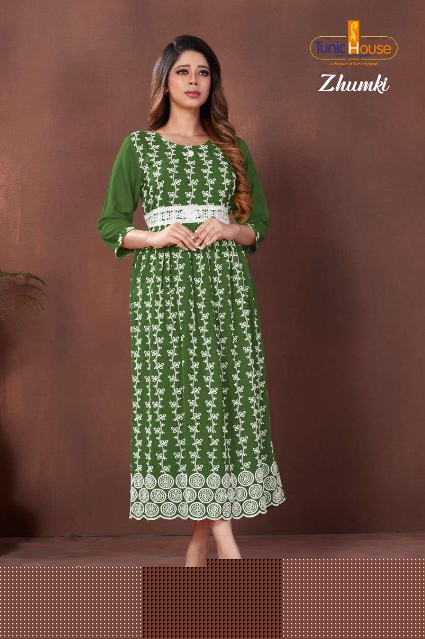 ZHUMKI BY TUNIC HOUSE 1000 TO 1012 SERIES STYLISH FANCY BEAUTIFUL COLORFUL CASUAL WEAR & ETHNIC WEAR HEAVY VISCOSE RAYON WITH WORK GOWNS AT WHOLESALE PRICE