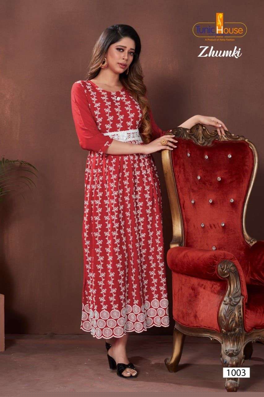 ZHUMKI BY TUNIC HOUSE 1000 TO 1012 SERIES STYLISH FANCY BEAUTIFUL COLORFUL CASUAL WEAR & ETHNIC WEAR HEAVY VISCOSE RAYON WITH WORK GOWNS AT WHOLESALE PRICE