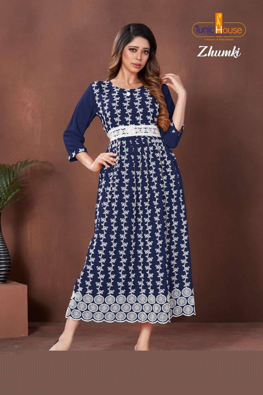 ZHUMKI BY TUNIC HOUSE 1000 TO 1012 SERIES STYLISH FANCY BEAUTIFUL COLORFUL CASUAL WEAR & ETHNIC WEAR HEAVY VISCOSE RAYON WITH WORK GOWNS AT WHOLESALE PRICE