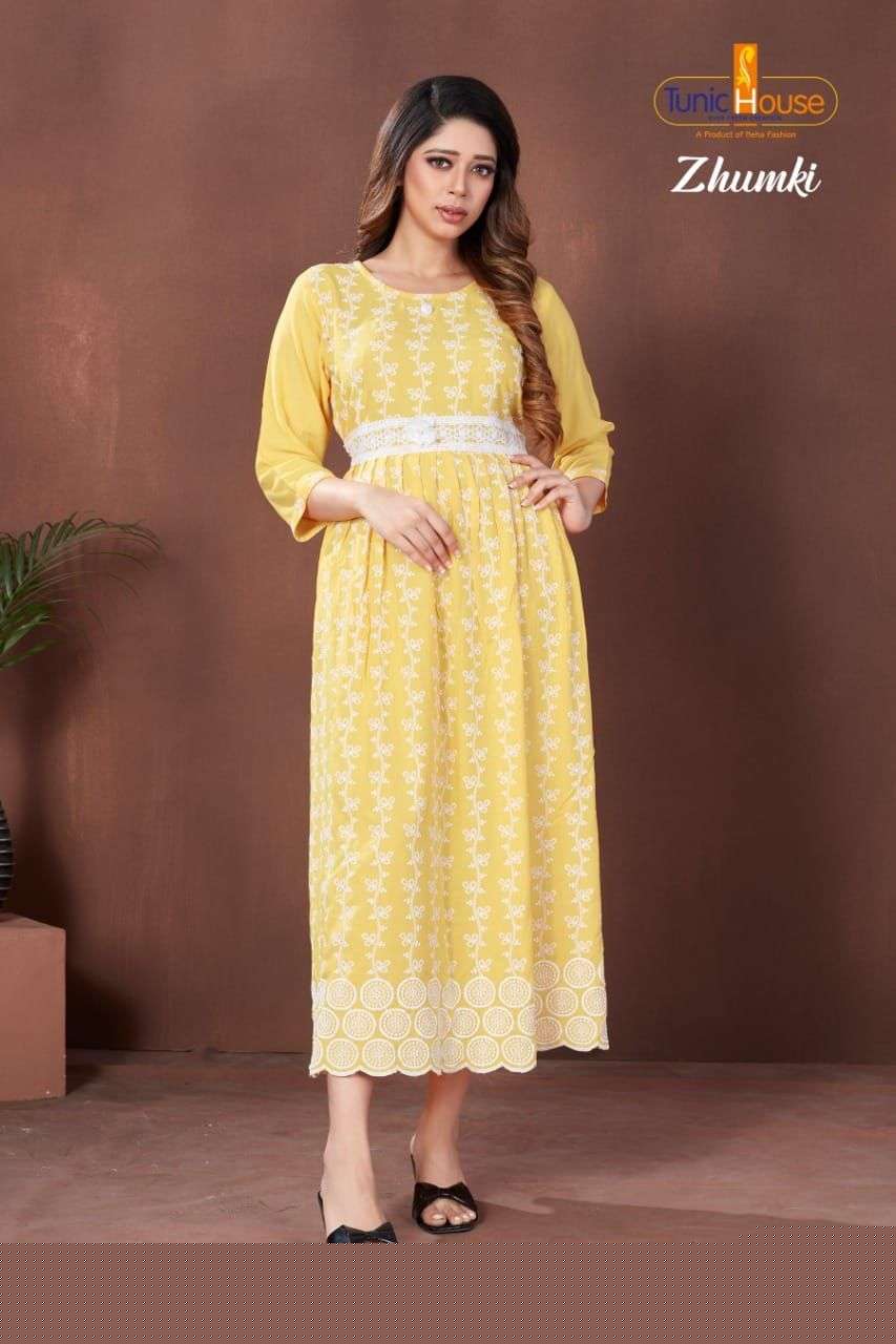 ZHUMKI BY TUNIC HOUSE 1000 TO 1012 SERIES STYLISH FANCY BEAUTIFUL COLORFUL CASUAL WEAR & ETHNIC WEAR HEAVY VISCOSE RAYON WITH WORK GOWNS AT WHOLESALE PRICE