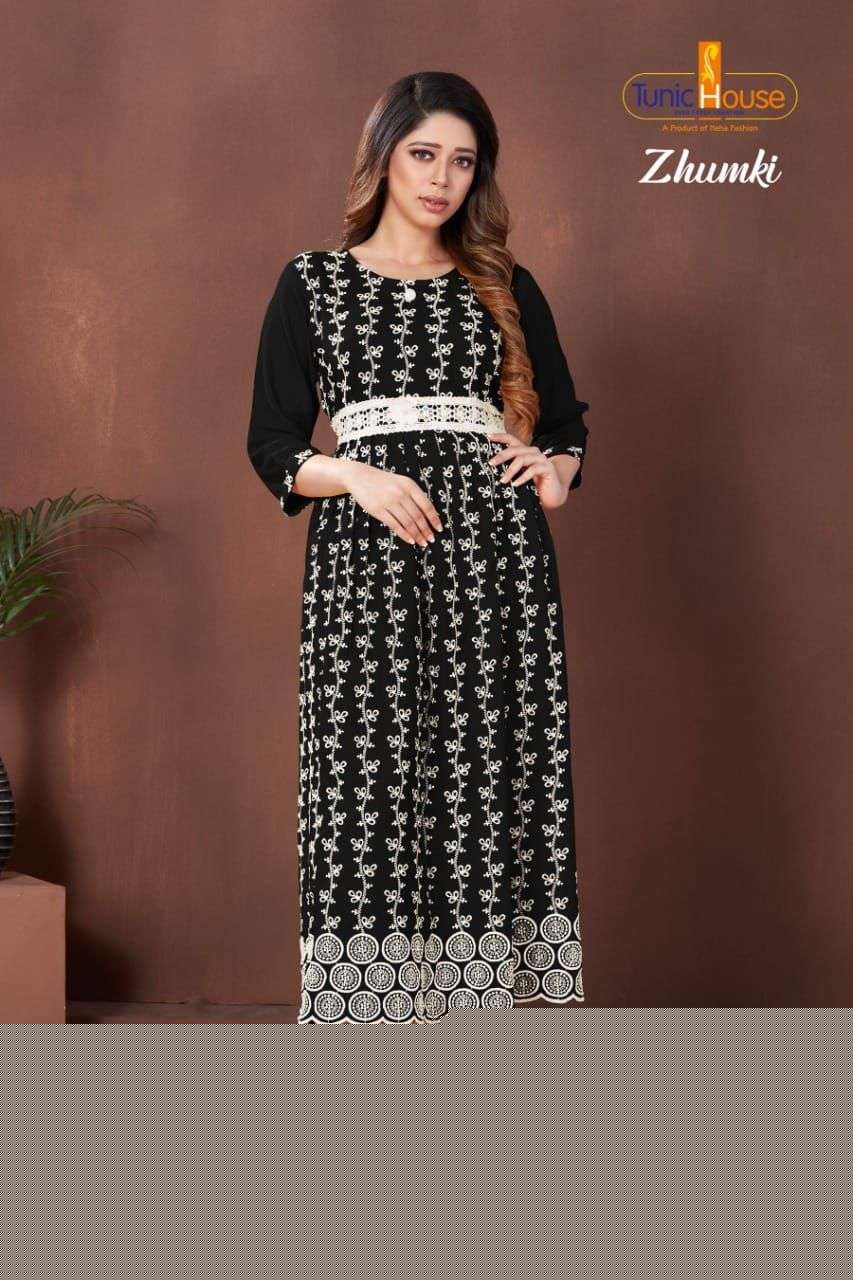 ZHUMKI BY TUNIC HOUSE 1000 TO 1012 SERIES STYLISH FANCY BEAUTIFUL COLORFUL CASUAL WEAR & ETHNIC WEAR HEAVY VISCOSE RAYON WITH WORK GOWNS AT WHOLESALE PRICE