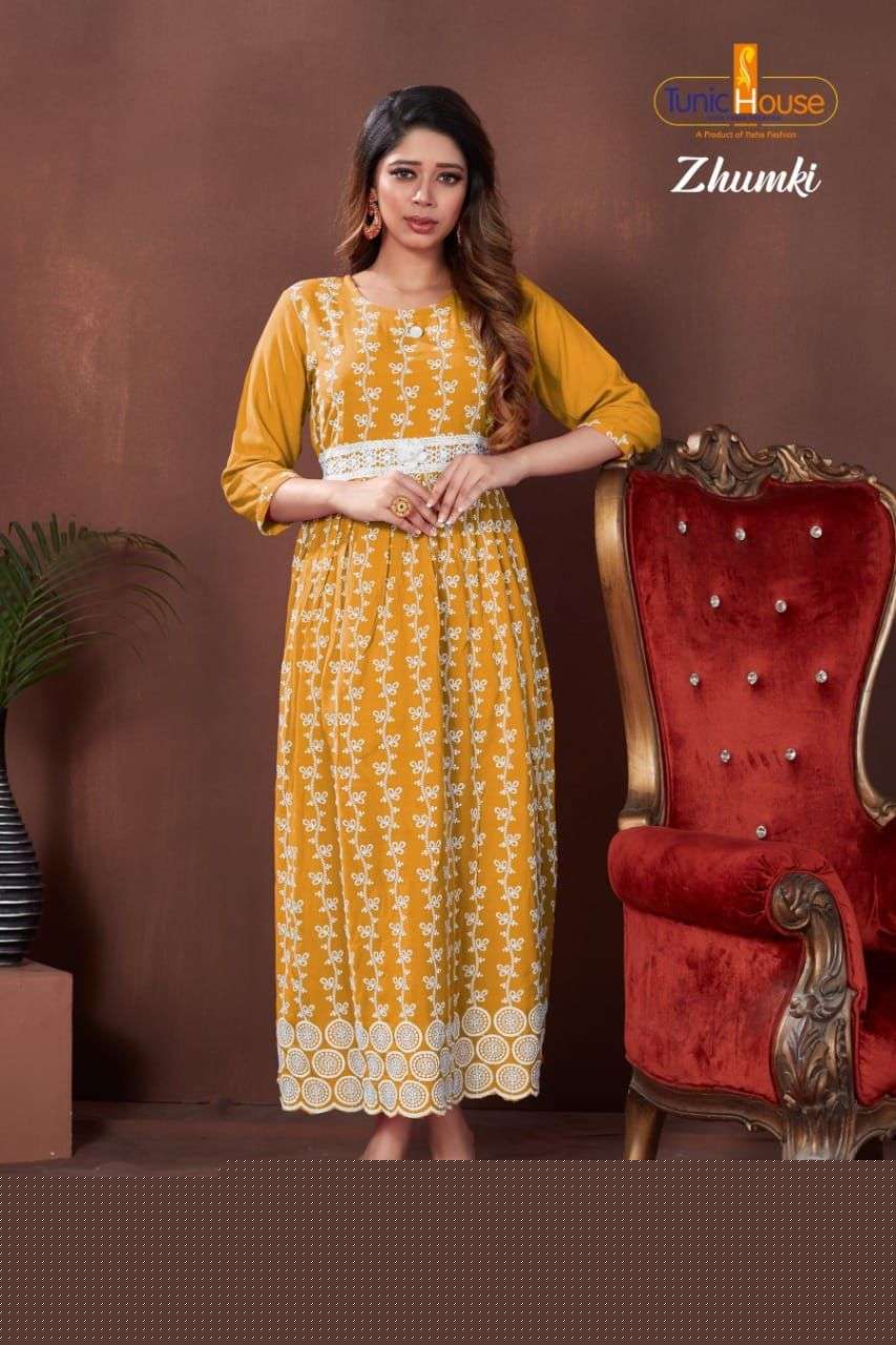 ZHUMKI BY TUNIC HOUSE 1000 TO 1012 SERIES STYLISH FANCY BEAUTIFUL COLORFUL CASUAL WEAR & ETHNIC WEAR HEAVY VISCOSE RAYON WITH WORK GOWNS AT WHOLESALE PRICE