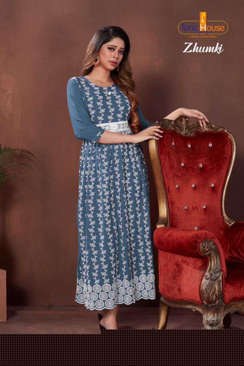 ZHUMKI BY TUNIC HOUSE 1000 TO 1012 SERIES STYLISH FANCY BEAUTIFUL COLORFUL CASUAL WEAR & ETHNIC WEAR HEAVY VISCOSE RAYON WITH WORK GOWNS AT WHOLESALE PRICE