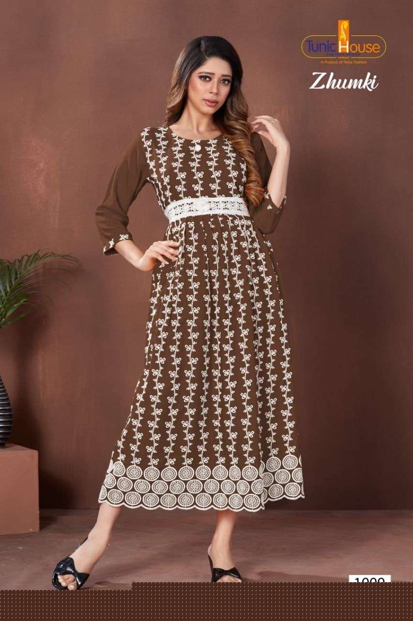 ZHUMKI BY TUNIC HOUSE 1000 TO 1012 SERIES STYLISH FANCY BEAUTIFUL COLORFUL CASUAL WEAR & ETHNIC WEAR HEAVY VISCOSE RAYON WITH WORK GOWNS AT WHOLESALE PRICE