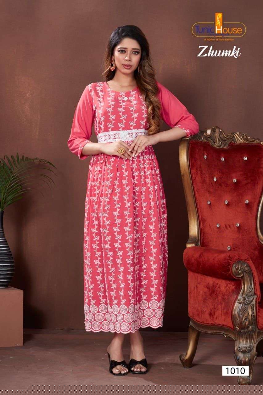 ZHUMKI BY TUNIC HOUSE 1000 TO 1012 SERIES STYLISH FANCY BEAUTIFUL COLORFUL CASUAL WEAR & ETHNIC WEAR HEAVY VISCOSE RAYON WITH WORK GOWNS AT WHOLESALE PRICE