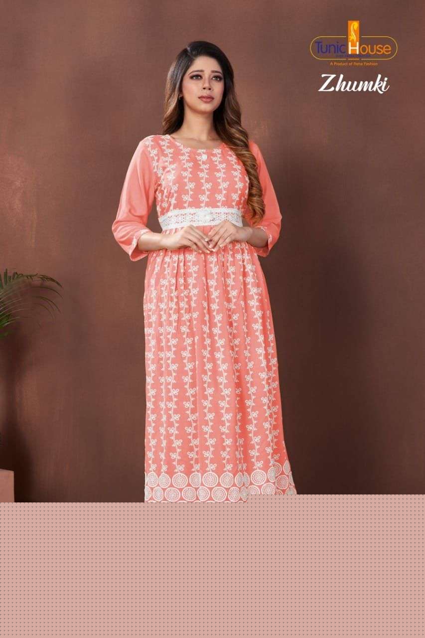 ZHUMKI BY TUNIC HOUSE 1000 TO 1012 SERIES STYLISH FANCY BEAUTIFUL COLORFUL CASUAL WEAR & ETHNIC WEAR HEAVY VISCOSE RAYON WITH WORK GOWNS AT WHOLESALE PRICE