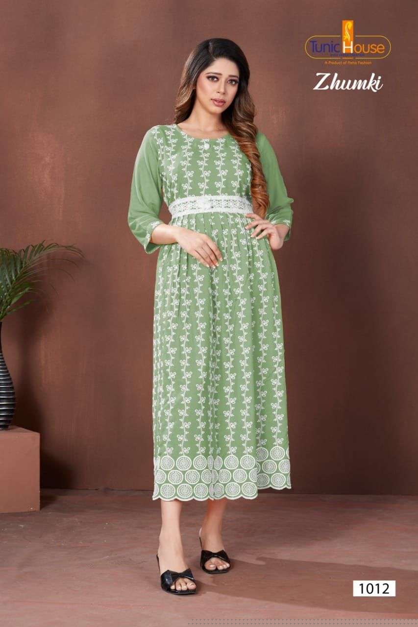 ZHUMKI BY TUNIC HOUSE 1000 TO 1012 SERIES STYLISH FANCY BEAUTIFUL COLORFUL CASUAL WEAR & ETHNIC WEAR HEAVY VISCOSE RAYON WITH WORK GOWNS AT WHOLESALE PRICE