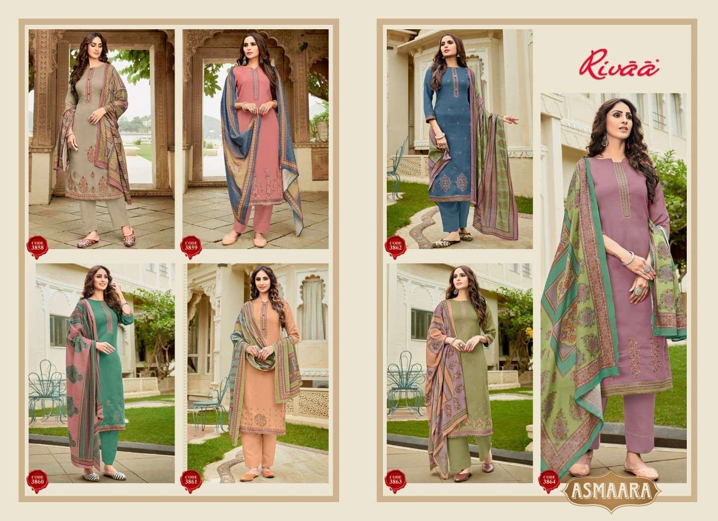 ASMAARA BY RIVAA 3858 TO 3864 SERIES BEAUTIFUL SUITS COLORFUL STYLISH FANCY CASUAL WEAR & ETHNIC WEAR HEAVY PASHMINA EMBROIDERED DRESSES AT WHOLESALE PRICE