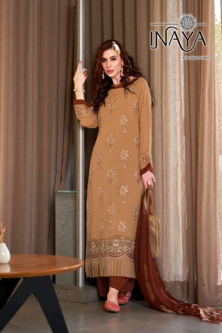 LUXURY PRET COLLECTION VOL-163 BY INAYA 01 TO 03 SERIES BEAUTIFUL STYLISH PAKISTANI SUITS FANCY COLORFUL CASUAL WEAR & ETHNIC WEAR & READY TO WEAR PURE GEORGETTE EMBROIDERY DRESSES AT WHOLESALE PRICE