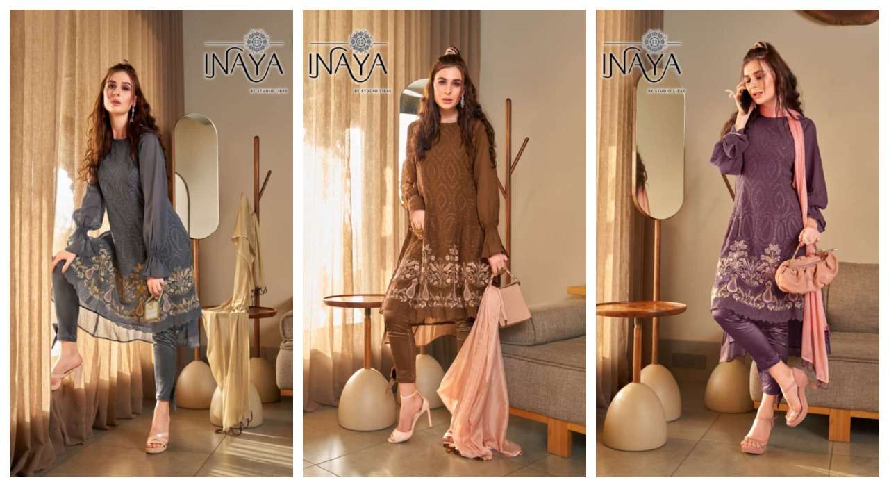 LUXURY PRET COLLECTION VOL-162 BY INAYA 01 TO 03 SERIES BEAUTIFUL STYLISH PAKISTANI SUITS FANCY COLORFUL CASUAL WEAR & ETHNIC WEAR & READY TO WEAR PURE GEORGETTE EMBROIDERY DRESSES AT WHOLESALE PRICE