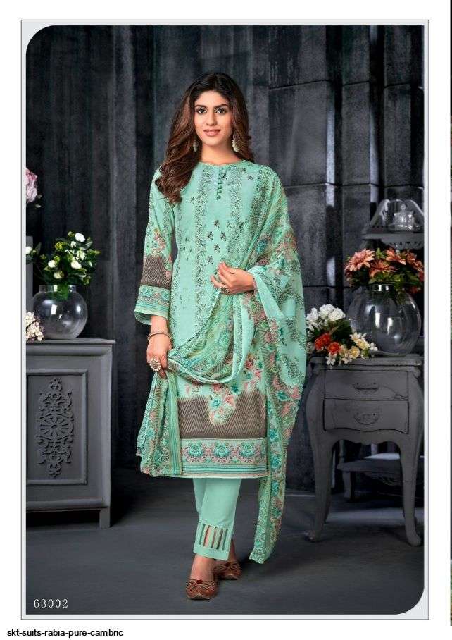 RABIA BY SKT SUITS 63001 TO 63008 SERIES BEAUTIFUL STYLISH SUITS FANCY COLORFUL CASUAL WEAR & ETHNIC WEAR & READY TO WEAR PURE CAMBRIC PRINTED DRESSES AT WHOLESALE PRICE
