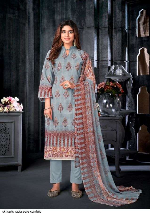RABIA BY SKT SUITS 63001 TO 63008 SERIES BEAUTIFUL STYLISH SUITS FANCY COLORFUL CASUAL WEAR & ETHNIC WEAR & READY TO WEAR PURE CAMBRIC PRINTED DRESSES AT WHOLESALE PRICE