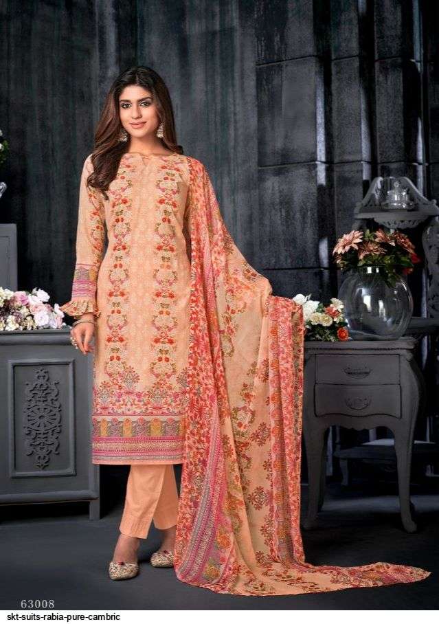 RABIA BY SKT SUITS 63001 TO 63008 SERIES BEAUTIFUL STYLISH SUITS FANCY COLORFUL CASUAL WEAR & ETHNIC WEAR & READY TO WEAR PURE CAMBRIC PRINTED DRESSES AT WHOLESALE PRICE