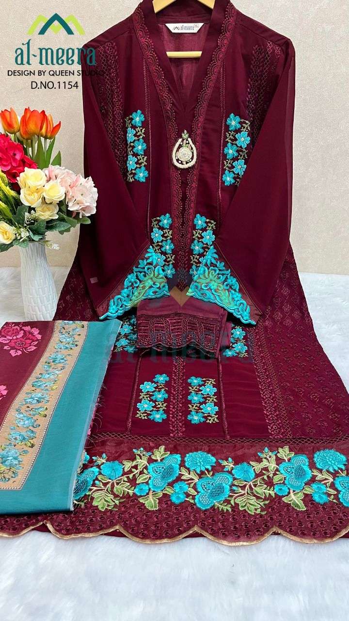 Al-Meera Hit Design 1154 Colours By Al-Meera 1154-A To 1154-D Series Beautiful Suits Stylish Colorful Fancy Casual Wear & Ethnic Wear Faux Georgette Embroidered Dresses At Wholesale Price