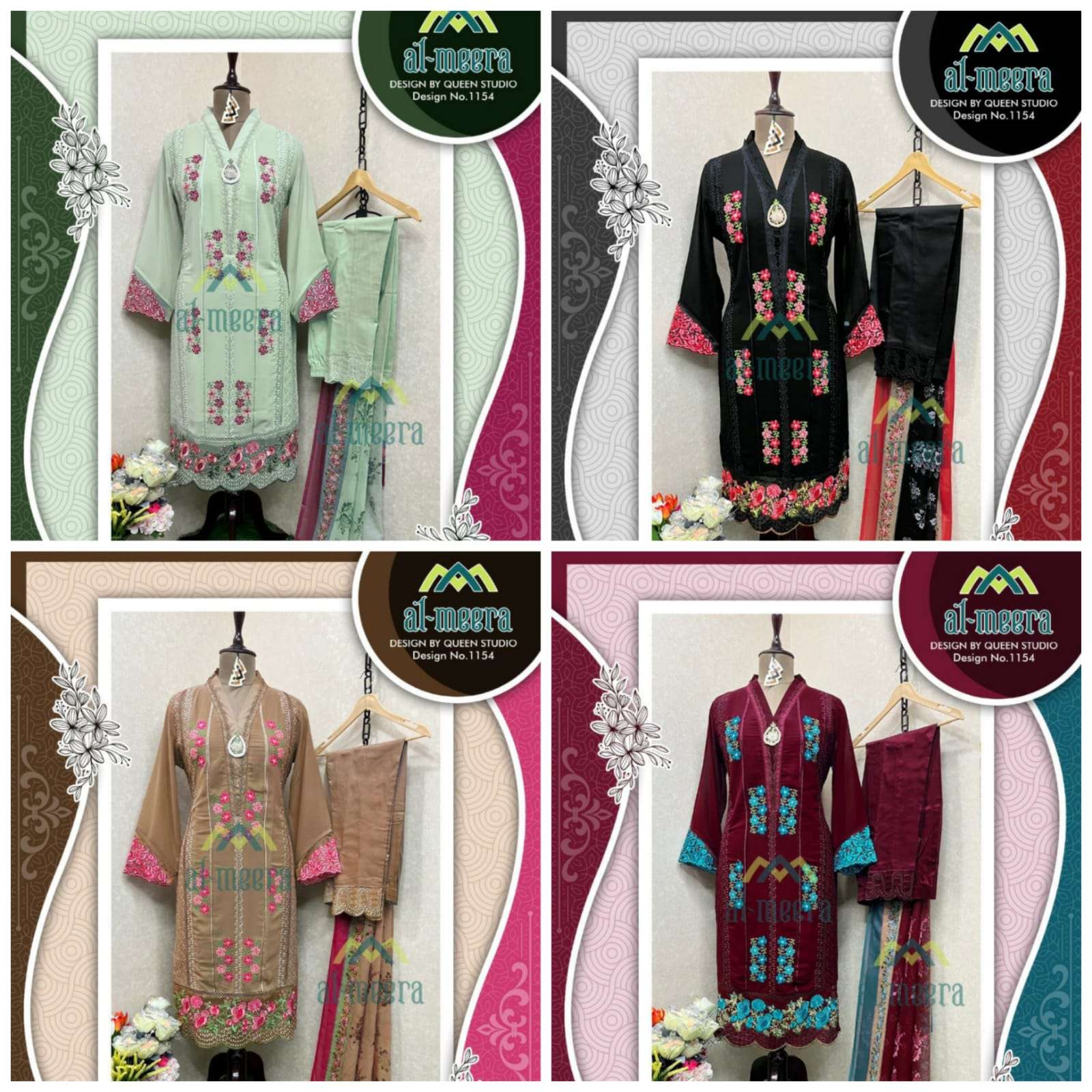 Al-Meera Hit Design 1154 Colours By Al-Meera 1154-A To 1154-D Series Beautiful Suits Stylish Colorful Fancy Casual Wear & Ethnic Wear Faux Georgette Embroidered Dresses At Wholesale Price
