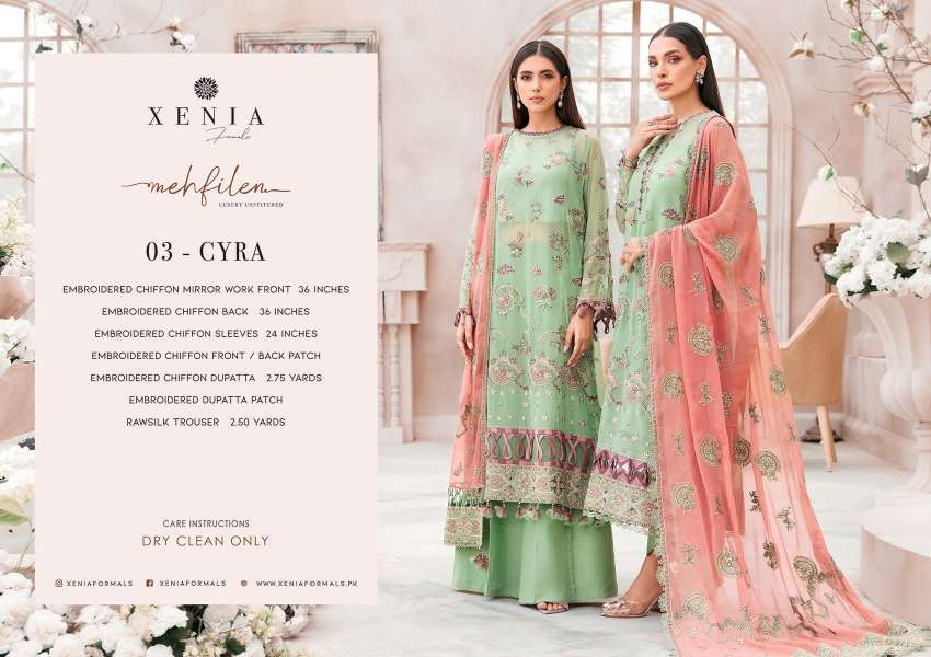 ORIGINAL PAKISTANI XENIA MEHFILEN BY FASHID WHOLESALE 01 TO 10 SERIES BEAUTIFUL PAKISTANI SUITS COLORFUL STYLISH FANCY CASUAL WEAR & ETHNIC WEAR CHIFFON DRESSES AT WHOLESALE PRICE