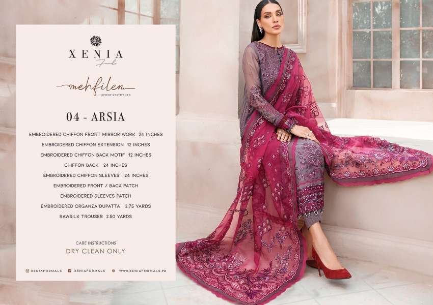 ORIGINAL PAKISTANI XENIA MEHFILEN BY FASHID WHOLESALE 01 TO 10 SERIES BEAUTIFUL PAKISTANI SUITS COLORFUL STYLISH FANCY CASUAL WEAR & ETHNIC WEAR CHIFFON DRESSES AT WHOLESALE PRICE