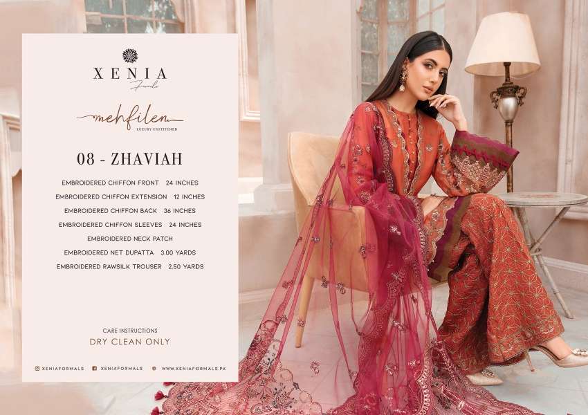 ORIGINAL PAKISTANI XENIA MEHFILEN BY FASHID WHOLESALE 01 TO 10 SERIES BEAUTIFUL PAKISTANI SUITS COLORFUL STYLISH FANCY CASUAL WEAR & ETHNIC WEAR CHIFFON DRESSES AT WHOLESALE PRICE