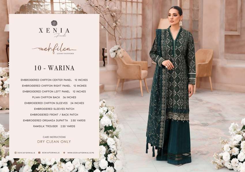 ORIGINAL PAKISTANI XENIA MEHFILEN BY FASHID WHOLESALE 01 TO 10 SERIES BEAUTIFUL PAKISTANI SUITS COLORFUL STYLISH FANCY CASUAL WEAR & ETHNIC WEAR CHIFFON DRESSES AT WHOLESALE PRICE
