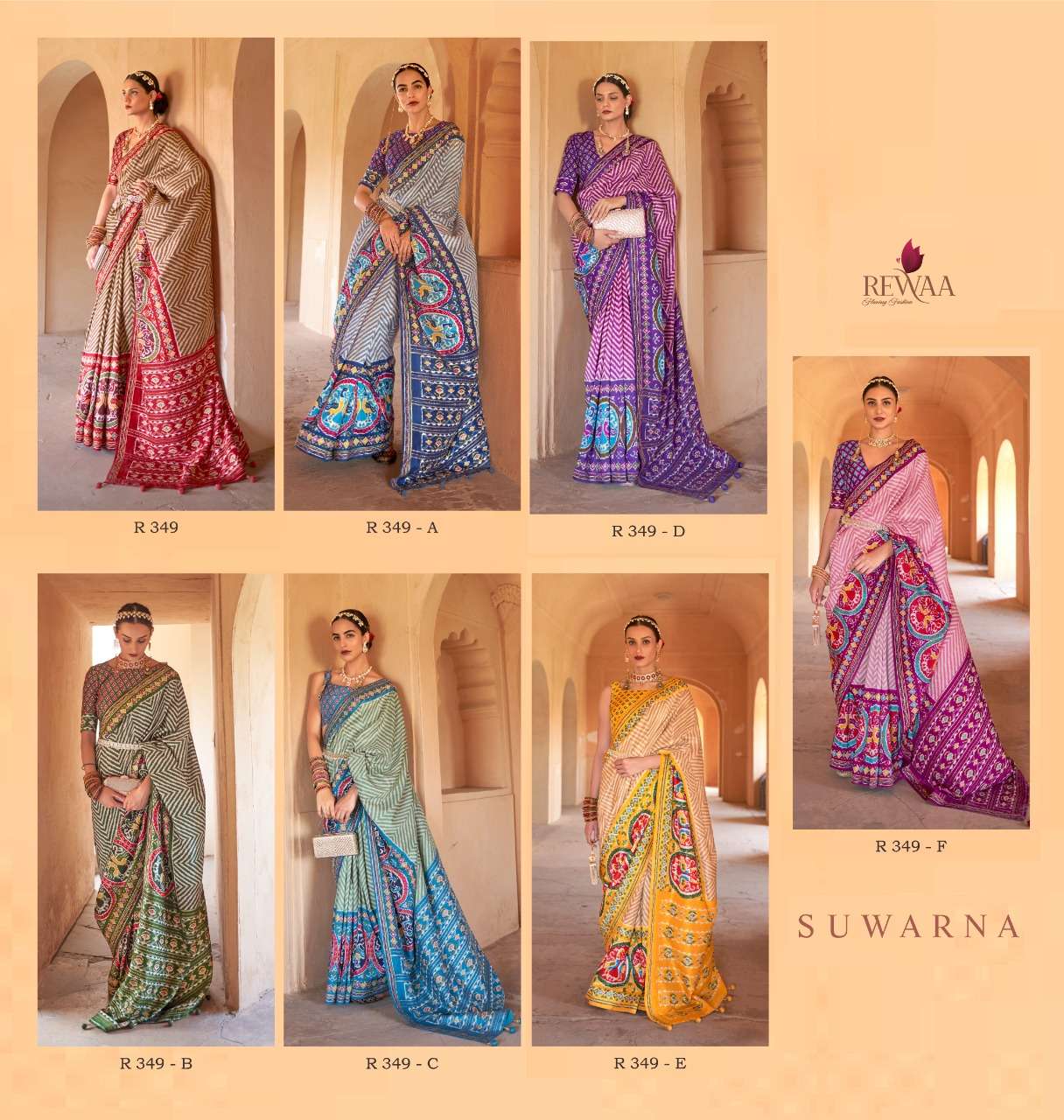 Suwarna By Rewaa 349 To 349-F Series Indian Traditional Wear Collection Beautiful Stylish Fancy Colorful Party Wear & Occasional Wear Silk Sarees At Wholesale Price