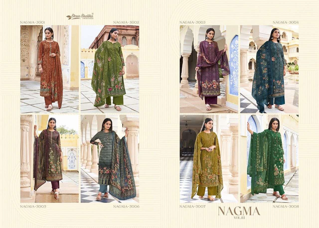 NAGMA VOL-3 BY SHREE SHALIKA FASHION 3001 TO 3008 SERIES BEAUTIFUL STYLISH ANARKALI SUITS FANCY COLORFUL CASUAL WEAR & ETHNIC WEAR & READY TO WEAR COTTON DIGITAL PRINT DRESSES AT WHOLESALE PRICE