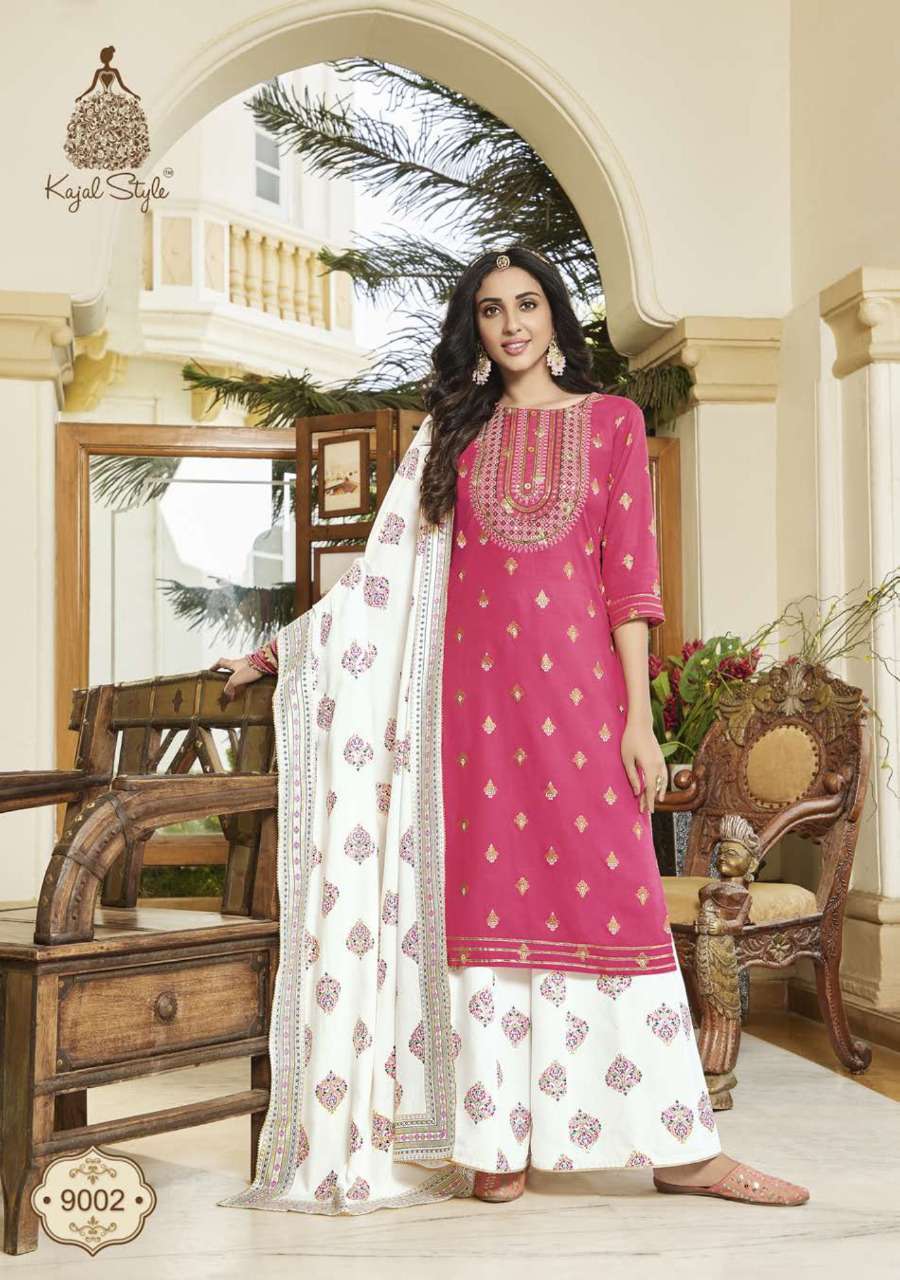 GULZAR VOL-9 BY KAJAL STYLE 9001 TO 9008 SERIES DESIGNER FESTIVE SUITS COLLECTION BEAUTIFUL STYLISH FANCY COLORFUL PARTY WEAR & OCCASIONAL WEAR HEAVY RAYON EMBROIDERED DRESSES AT WHOLESALE PRICE