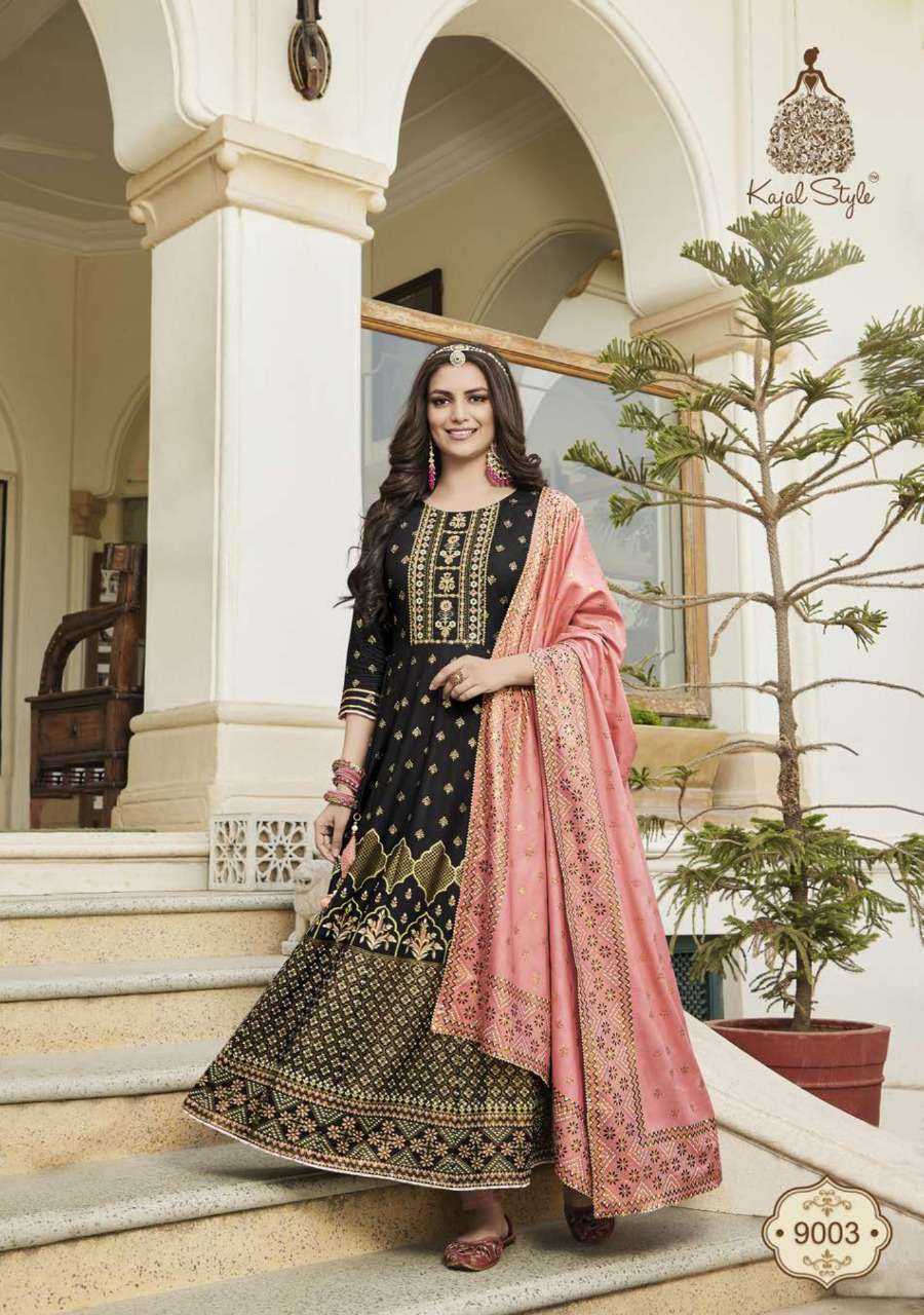 GULZAR VOL-9 BY KAJAL STYLE 9001 TO 9008 SERIES DESIGNER FESTIVE SUITS COLLECTION BEAUTIFUL STYLISH FANCY COLORFUL PARTY WEAR & OCCASIONAL WEAR HEAVY RAYON EMBROIDERED DRESSES AT WHOLESALE PRICE