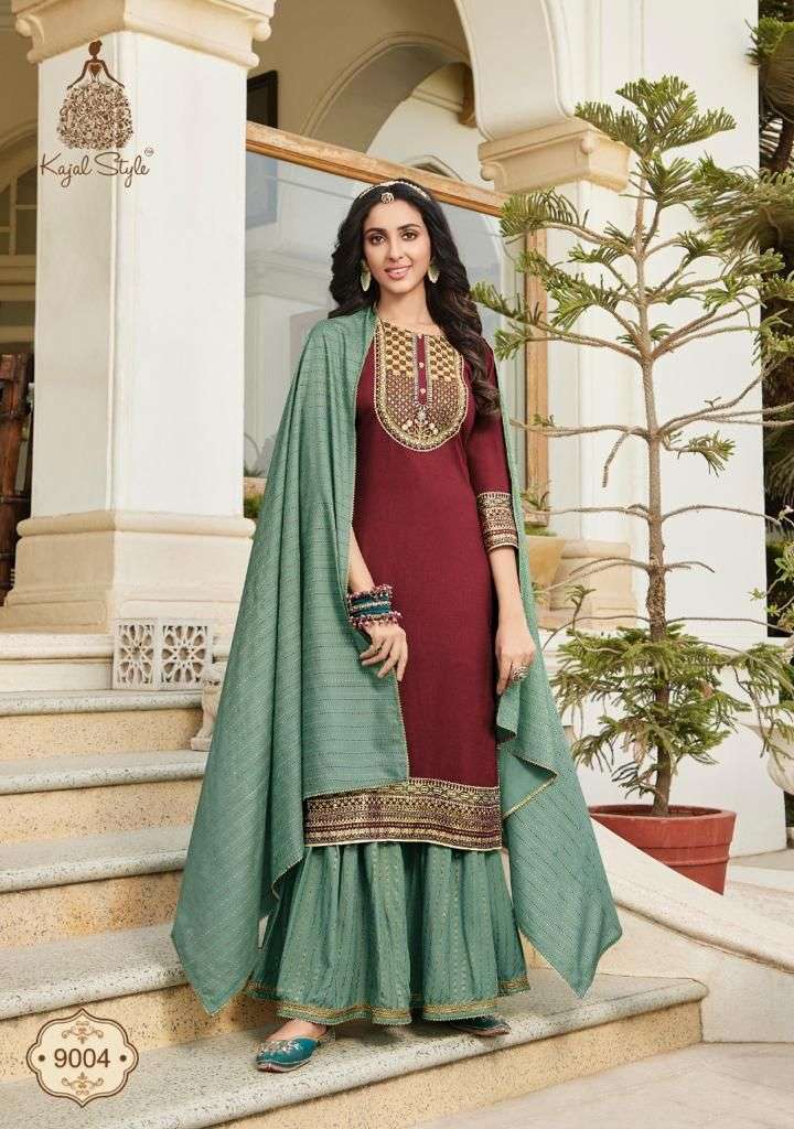 GULZAR VOL-9 BY KAJAL STYLE 9001 TO 9008 SERIES DESIGNER FESTIVE SUITS COLLECTION BEAUTIFUL STYLISH FANCY COLORFUL PARTY WEAR & OCCASIONAL WEAR HEAVY RAYON EMBROIDERED DRESSES AT WHOLESALE PRICE
