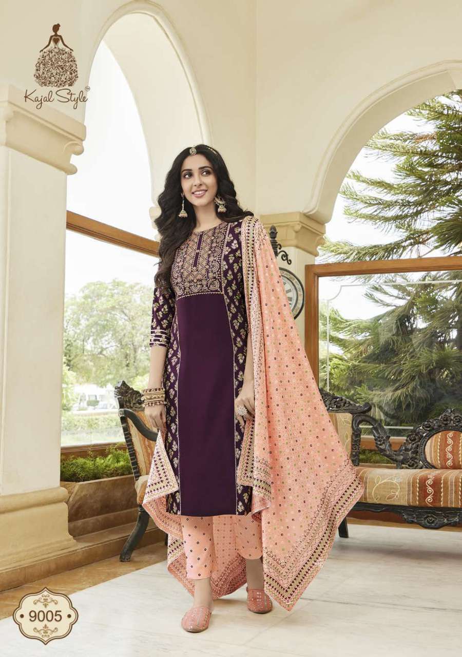 GULZAR VOL-9 BY KAJAL STYLE 9001 TO 9008 SERIES DESIGNER FESTIVE SUITS COLLECTION BEAUTIFUL STYLISH FANCY COLORFUL PARTY WEAR & OCCASIONAL WEAR HEAVY RAYON EMBROIDERED DRESSES AT WHOLESALE PRICE