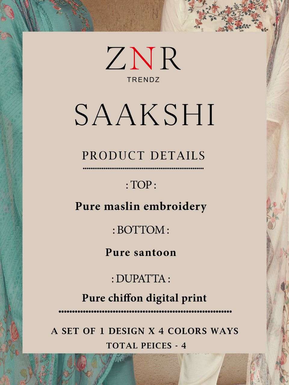 SAAKSHI BY ZNR TRENDZ A TO D SERIES BEAUTIFUL STYLISH SUITS FANCY COLORFUL CASUAL WEAR & ETHNIC WEAR & READY TO WEAR PURE MUSLIN DRESSES AT WHOLESALE PRICE