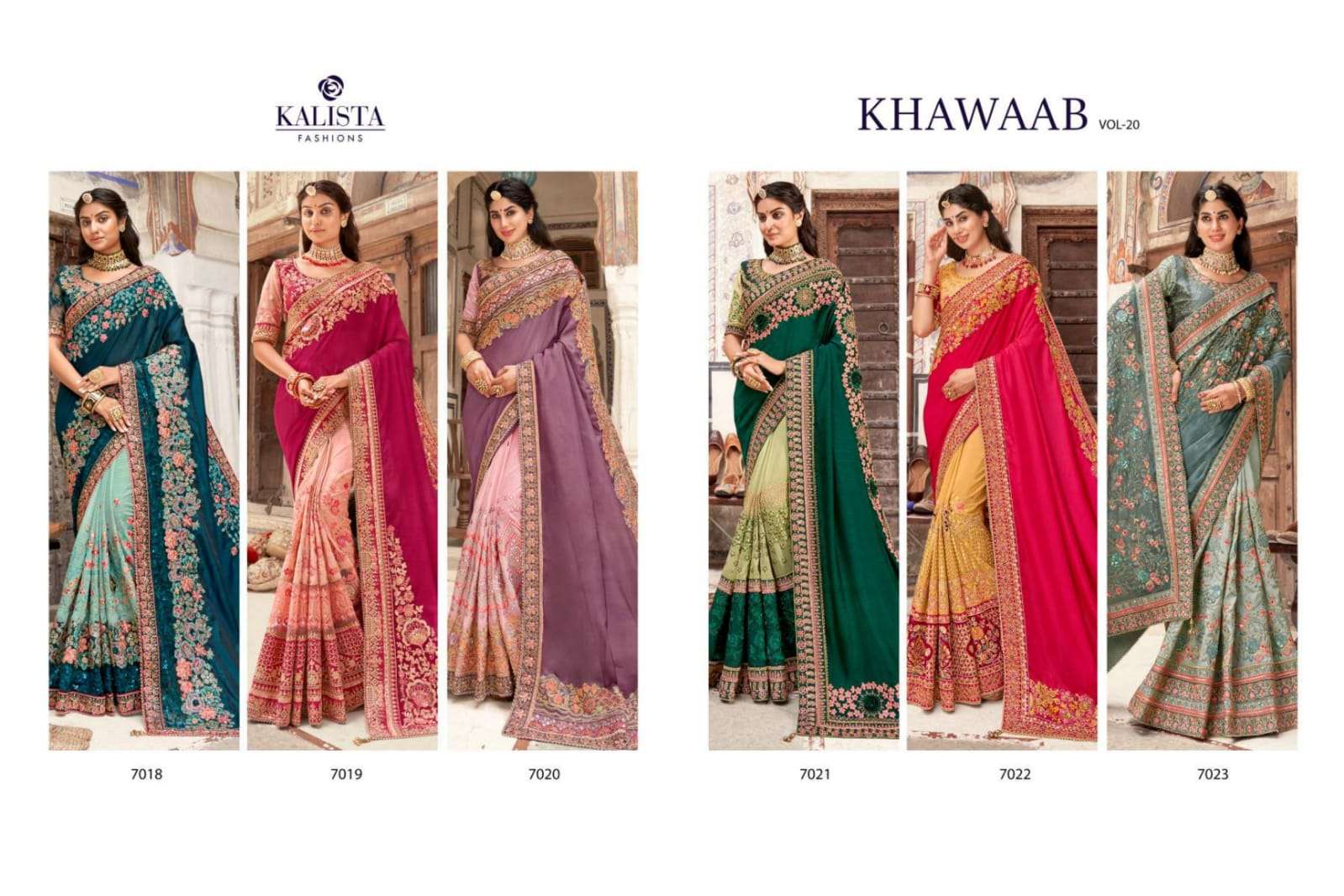 KHAWAAB VOL-20 BY KALISTA FASHION 7018 TO 7023 SERIES INDIAN TRADITIONAL WEAR COLLECTION BEAUTIFUL STYLISH FANCY COLORFUL PARTY WEAR & OCCASIONAL WEAR FANCY SAREES AT WHOLESALE PRICE