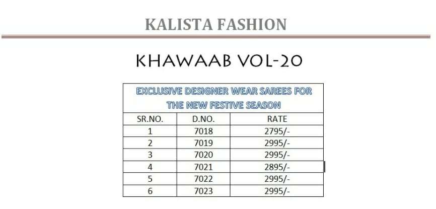 KHAWAAB VOL-20 BY KALISTA FASHION 7018 TO 7023 SERIES INDIAN TRADITIONAL WEAR COLLECTION BEAUTIFUL STYLISH FANCY COLORFUL PARTY WEAR & OCCASIONAL WEAR FANCY SAREES AT WHOLESALE PRICE