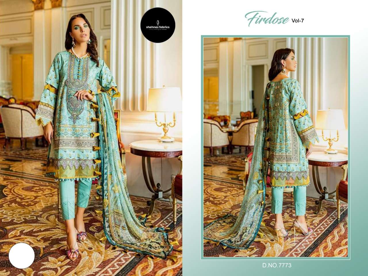 FIRDOSE VOL-7 BY SHEHNAZ 7773-A TO 7773-E SERIES BEAUTIFUL PAKISTANI SUITS COLORFUL STYLISH FANCY CASUAL WEAR & ETHNIC WEAR PURE COTTON PRINT DRESSES AT WHOLESALE PRICE