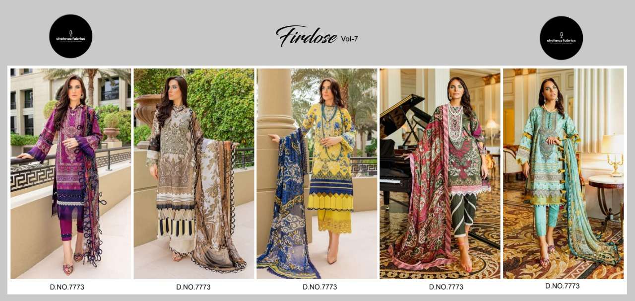 FIRDOSE VOL-7 BY SHEHNAZ 7773-A TO 7773-E SERIES BEAUTIFUL PAKISTANI SUITS COLORFUL STYLISH FANCY CASUAL WEAR & ETHNIC WEAR PURE COTTON PRINT DRESSES AT WHOLESALE PRICE