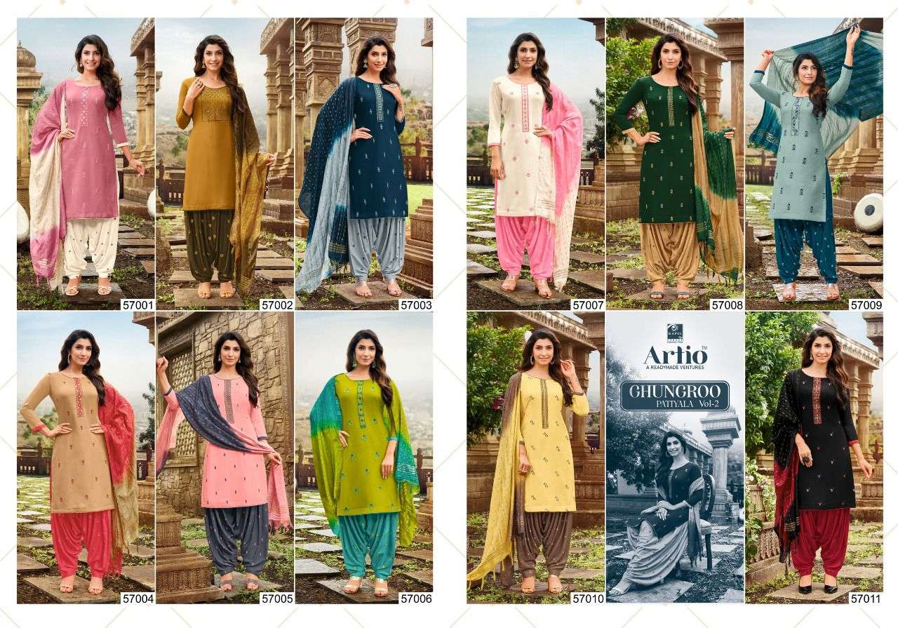GHUNGROO PATIYALA VOL-2 BY ARTIO 57001 TO 57011 SERIES BEAUTIFUL STYLISH PATIYALA SUITS FANCY COLORFUL CASUAL WEAR & ETHNIC WEAR & READY TO WEAR RAYON WITH WORK DRESSES AT WHOLESALE PRICE