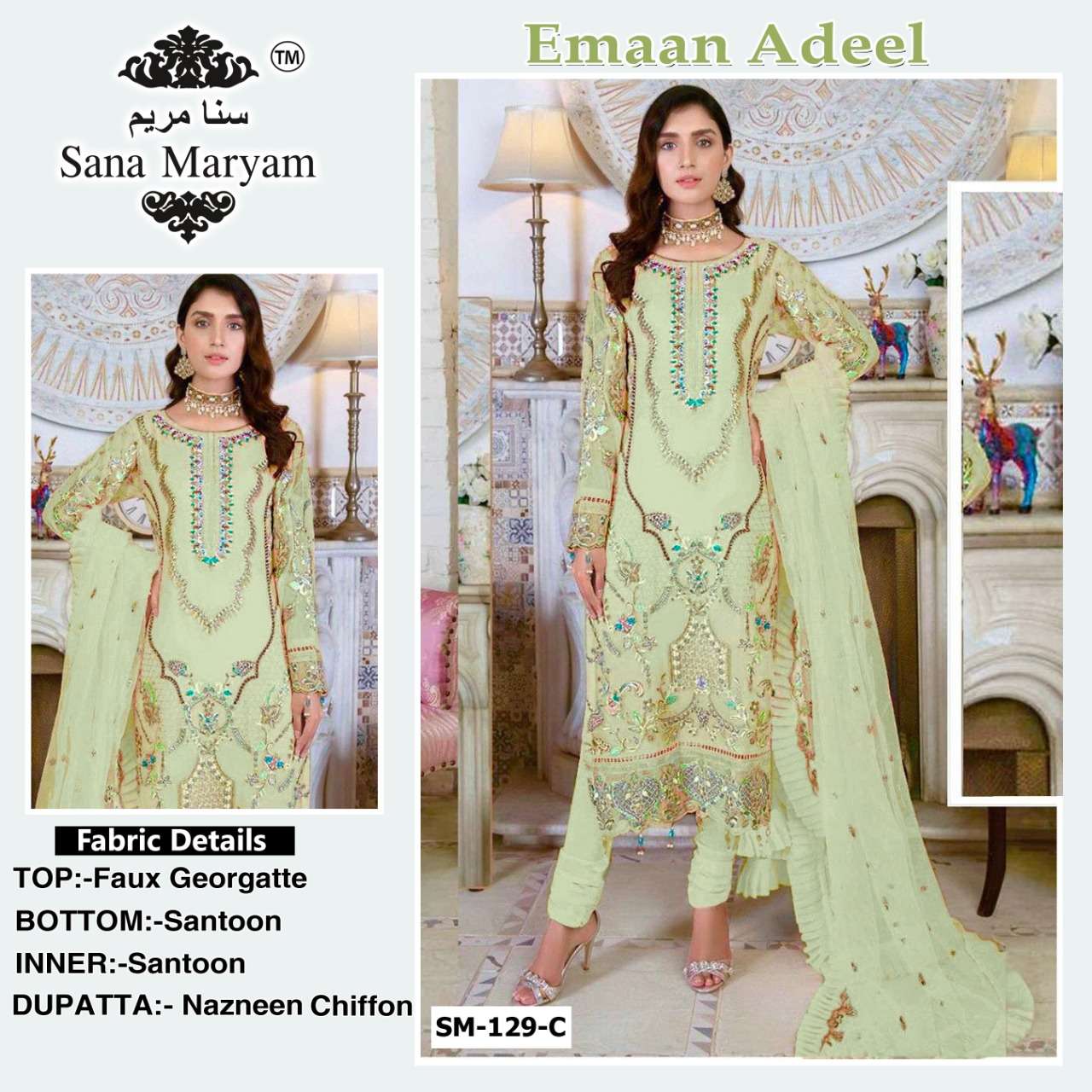EMAAN ADEEL BY SANA MARYAM 129-A TO 129-C SERIES DESIGNER PAKISTANI SUITS BEAUTIFUL STYLISH FANCY COLORFUL PARTY WEAR & OCCASIONAL WEAR FAUX GEORGETTE EMBROIDERED DRESSES AT WHOLESALE PRICE