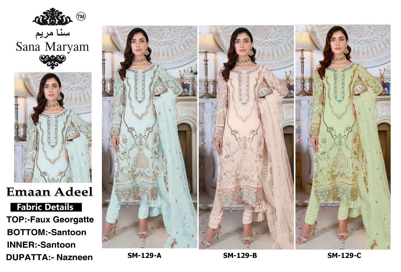 EMAAN ADEEL BY SANA MARYAM 129-A TO 129-C SERIES DESIGNER PAKISTANI SUITS BEAUTIFUL STYLISH FANCY COLORFUL PARTY WEAR & OCCASIONAL WEAR FAUX GEORGETTE EMBROIDERED DRESSES AT WHOLESALE PRICE
