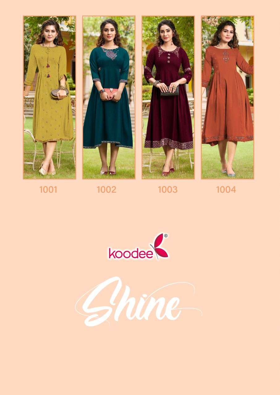 Shine By Koodee 1001 To 1004 Series Designer Stylish Fancy Colorful Beautiful Party Wear & Ethnic Wear Collection Heavy Chinnon Kurtis At Wholesale Price