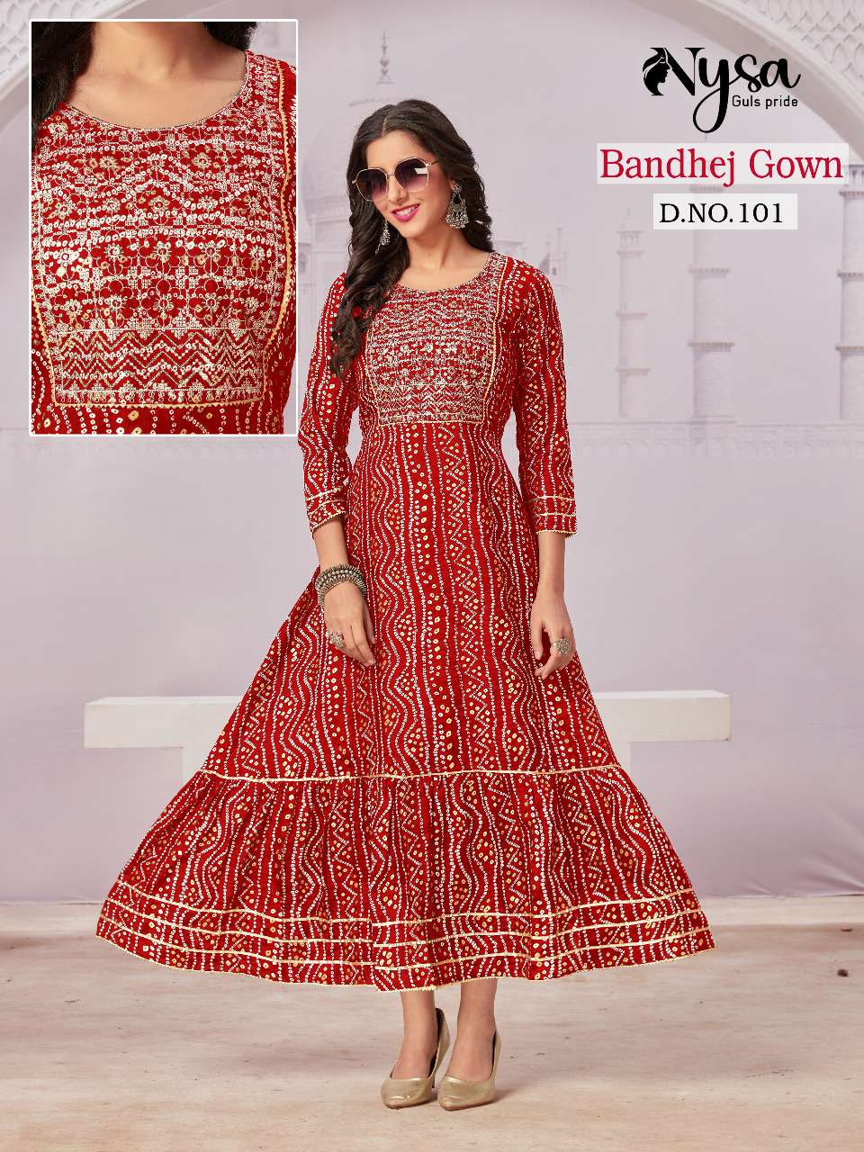 BANDHEJ GOWN BY NYSA 101 TO 104 SERIES DESIGNER STYLISH FANCY COLORFUL BEAUTIFUL PARTY WEAR & ETHNIC WEAR COLLECTION BANDHEJ GOWN AT WHOLESALE PRICE