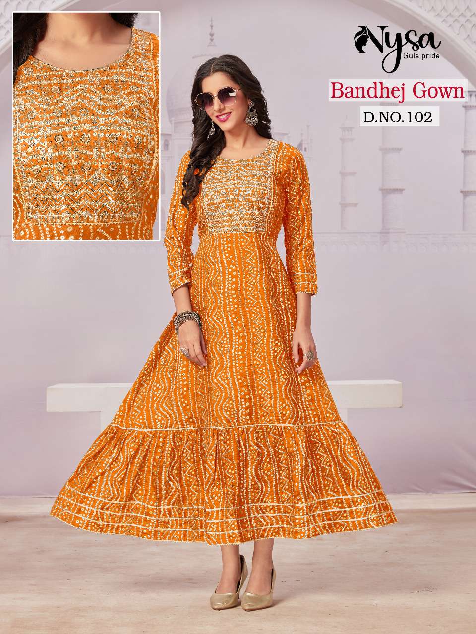 BANDHEJ GOWN BY NYSA 101 TO 104 SERIES DESIGNER STYLISH FANCY COLORFUL BEAUTIFUL PARTY WEAR & ETHNIC WEAR COLLECTION BANDHEJ GOWN AT WHOLESALE PRICE