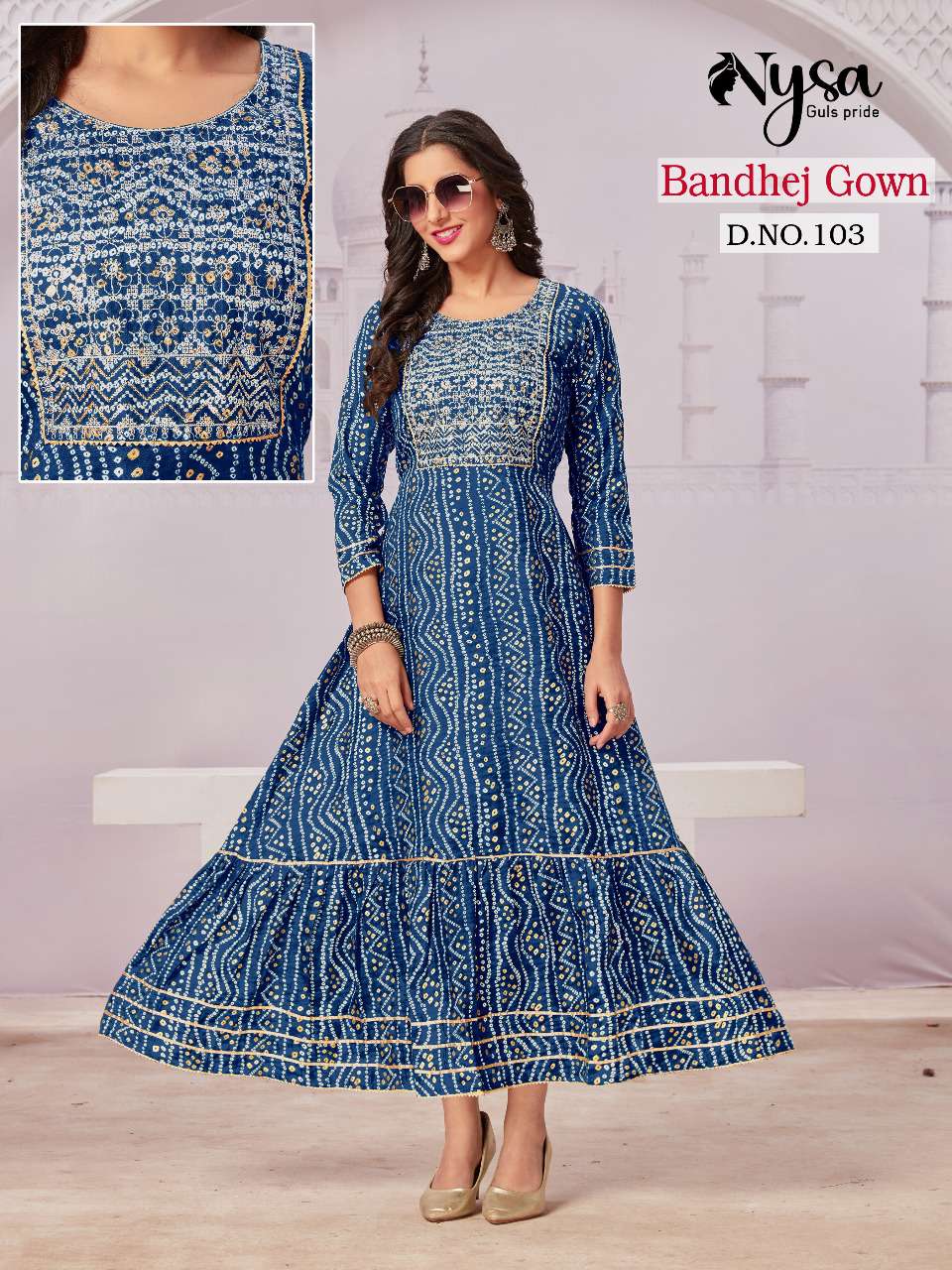 BANDHEJ GOWN BY NYSA 101 TO 104 SERIES DESIGNER STYLISH FANCY COLORFUL BEAUTIFUL PARTY WEAR & ETHNIC WEAR COLLECTION BANDHEJ GOWN AT WHOLESALE PRICE