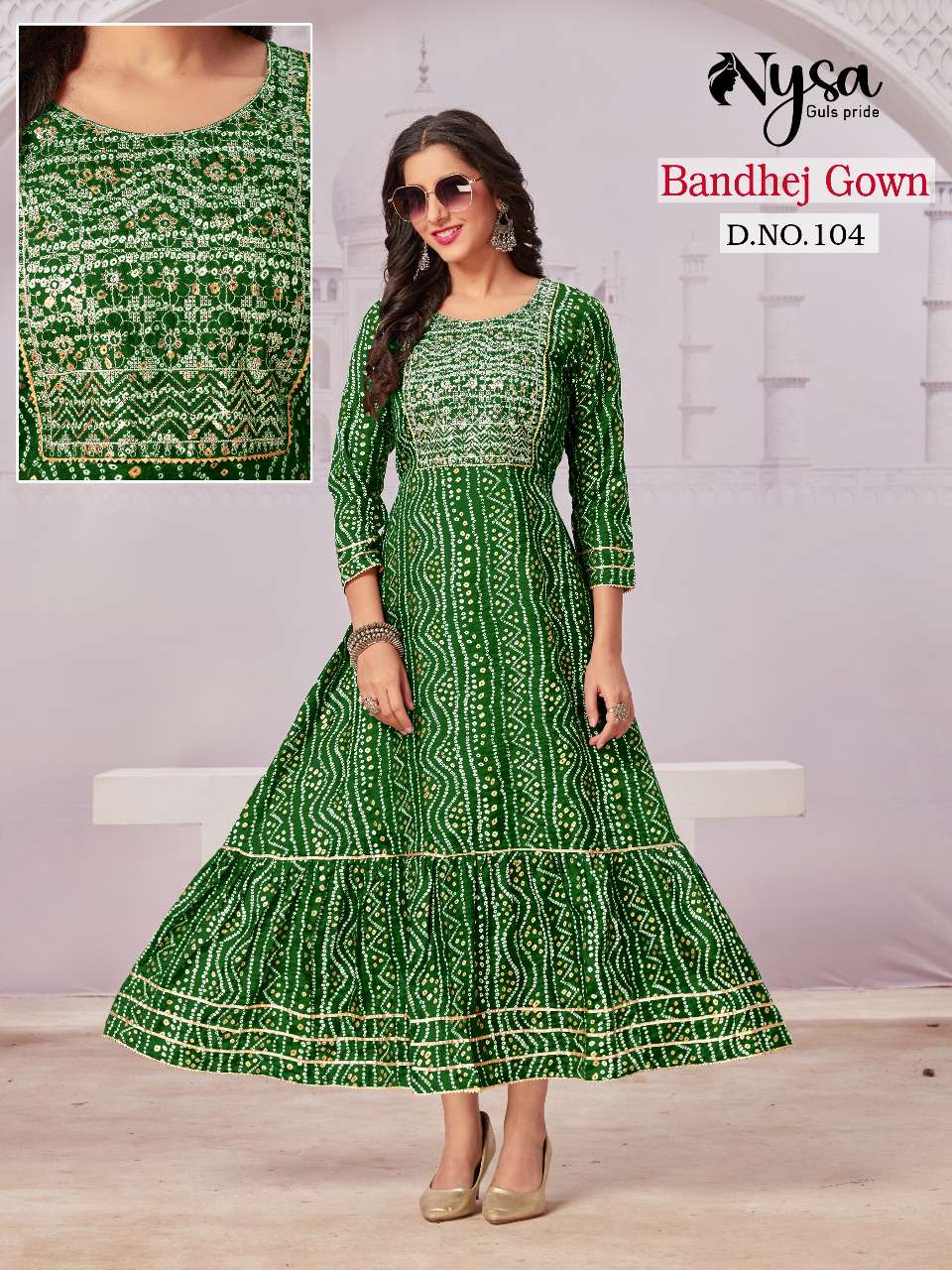 BANDHEJ GOWN BY NYSA 101 TO 104 SERIES DESIGNER STYLISH FANCY COLORFUL BEAUTIFUL PARTY WEAR & ETHNIC WEAR COLLECTION BANDHEJ GOWN AT WHOLESALE PRICE