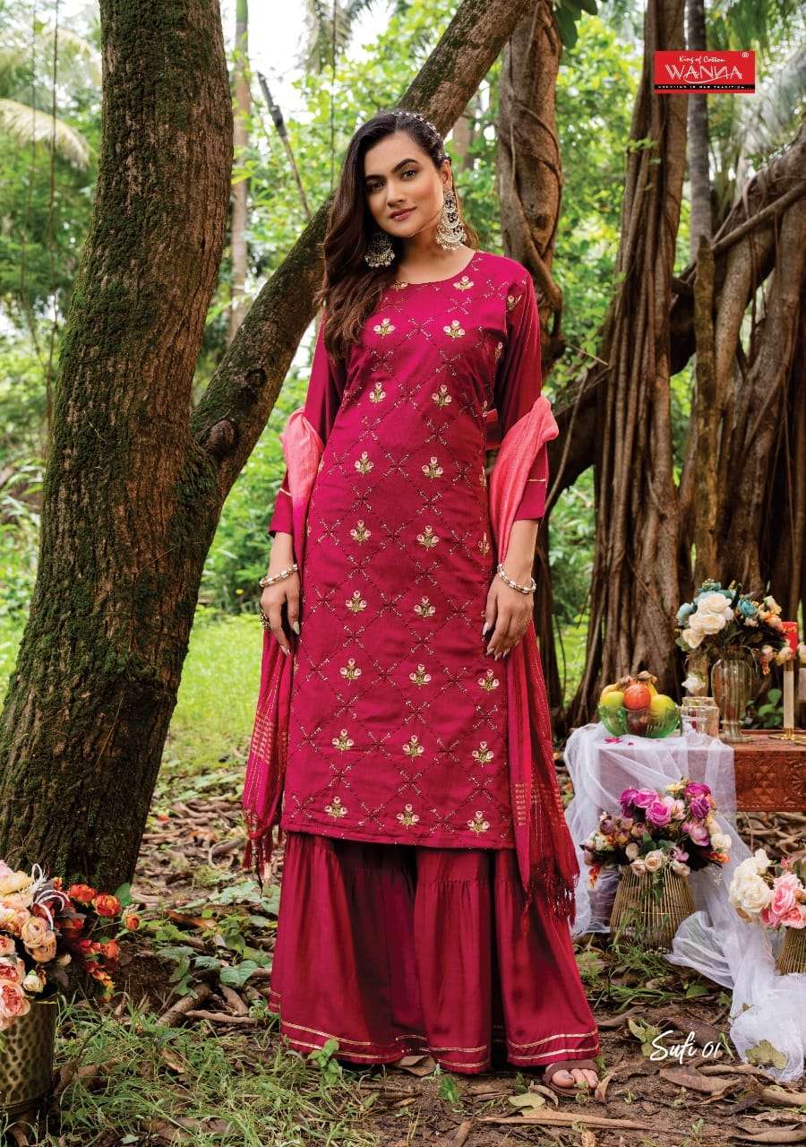 SUFI BY WANNA 01 TO 05 SERIES SHARARA SUITS BEAUTIFUL FANCY COLORFUL STYLISH PARTY WEAR & OCCASIONAL WEAR PURE RAYON DRESSES AT WHOLESALE PRICE